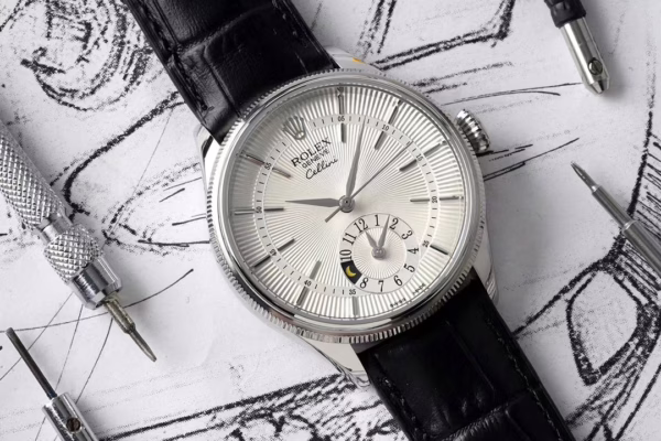 Rolex Cellini Dual Time 50529 Silver Sunburst Dial Brown Leather Strap 39mm Mens Replica Watch - 图片 3