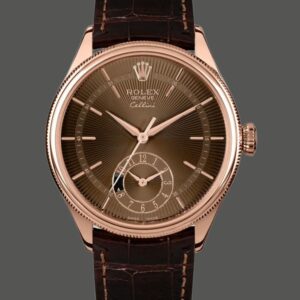 Rolex Cellini Dual Time 50525 Brown Guilloche Dial Brown Leather Strap 39mm Mens Replica Watch