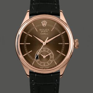 Rolex Cellini Dual Time 50525 Brown Guilloche Dial Black Leather Strap 39mm Mens Replica Watch