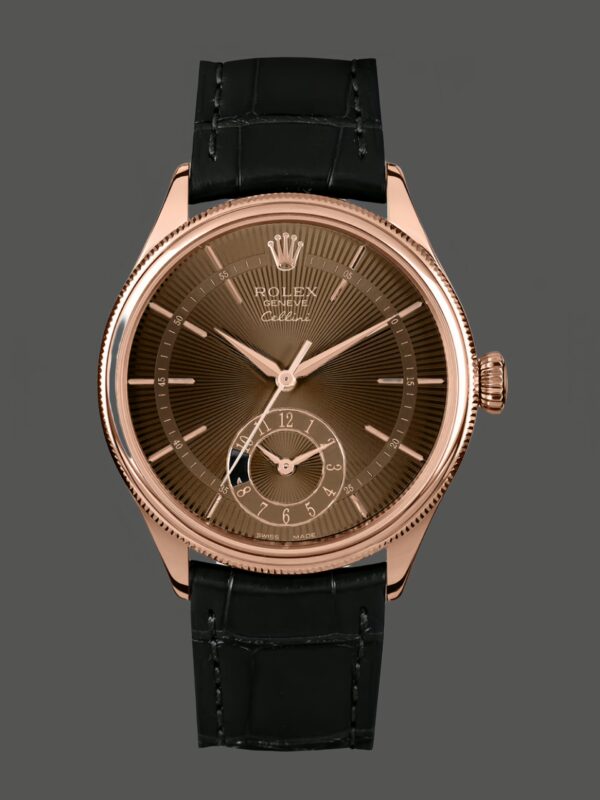 Rolex Cellini Dual Time 50525 Brown Guilloche Dial Black Leather Strap 39mm Mens Replica Watch