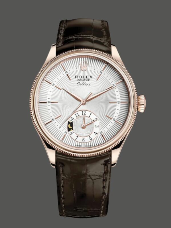Rolex Cellini Dual Time 50525 Silver Dial Brown Leather Strap 39mm Mens Replica Watch