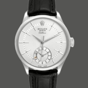 Rolex Cellini Dual Time 50529 Silver Sunburst Dial Black Leather Strap 39mm Mens Replica Watch