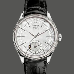 Rolex Cellini Dual Time 50529 Silver Sunburst Dial Brown Leather Strap 39mm Mens Replica Watch