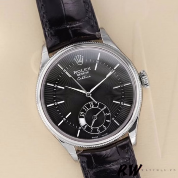 Rolex Cellini Dual Time 50529 Black Dial Brown Leather Strap 39mm Mens Replica Watch - 图片 3