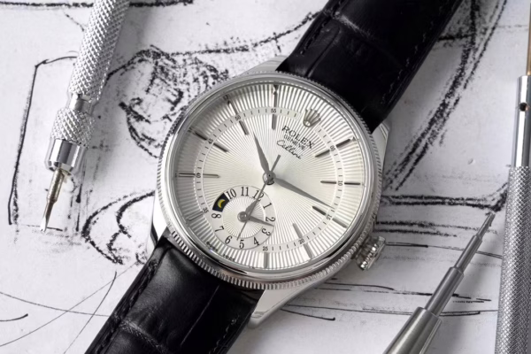 Rolex Cellini Dual Time 50529 Silver Sunburst Dial Brown Leather Strap 39mm Mens Replica Watch - 图片 4