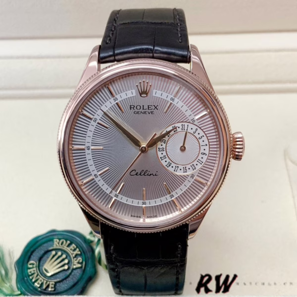 Rolex Cellini Date 50515 Rose Gold Silver Guilloche Index Dial 39mm Mens Replica Watch - 图片 2
