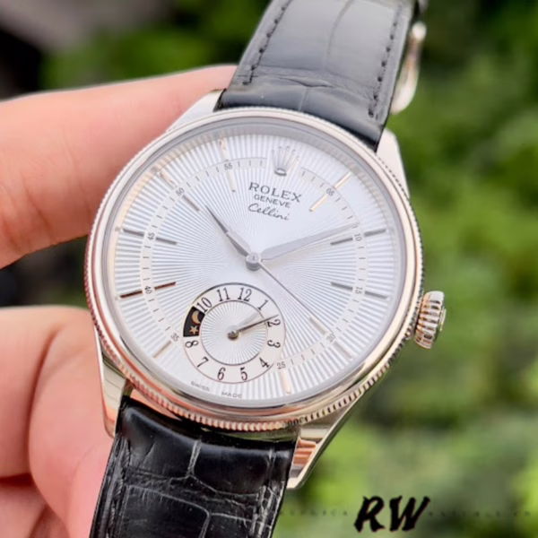 Rolex Cellini Dual Time 50529 Silver Sunburst Dial Black Leather Strap 39mm Mens Replica Watch - 图片 11