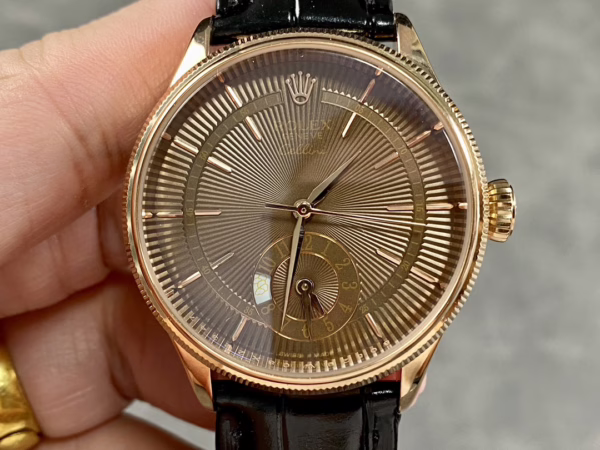 Rolex Cellini Dual Time 50525 Brown Guilloche Dial Black Leather Strap 39mm Mens Replica Watch - 图片 3