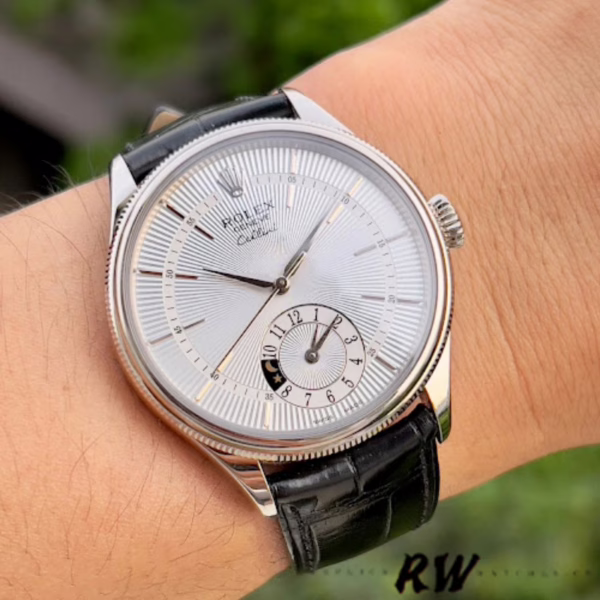 Rolex Cellini Dual Time 50529 Silver Sunburst Dial Black Leather Strap 39mm Mens Replica Watch - 图片 10