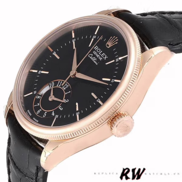 Rolex Cellini Dual Time 50525 Black Dial Black Leather Strap 39mm Mens Replica Watch - 图片 2