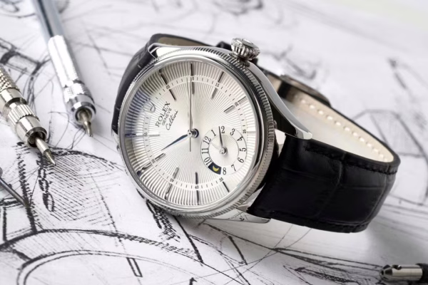 Rolex Cellini Dual Time 50529 Silver Sunburst Dial Brown Leather Strap 39mm Mens Replica Watch - 图片 5