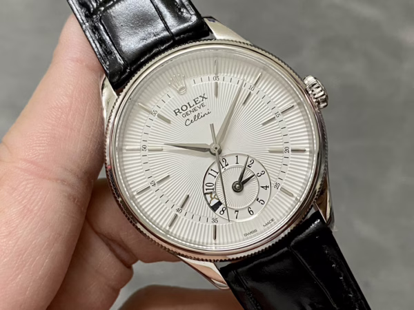 Rolex Cellini Dual Time 50529 Silver Sunburst Dial Black Leather Strap 39mm Mens Replica Watch - 图片 2