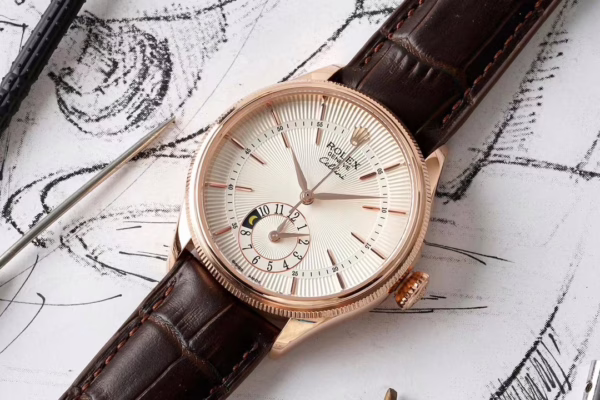 Rolex Cellini Dual Time 50525 Silver Dial Brown Leather Strap 39mm Mens Replica Watch - 图片 6