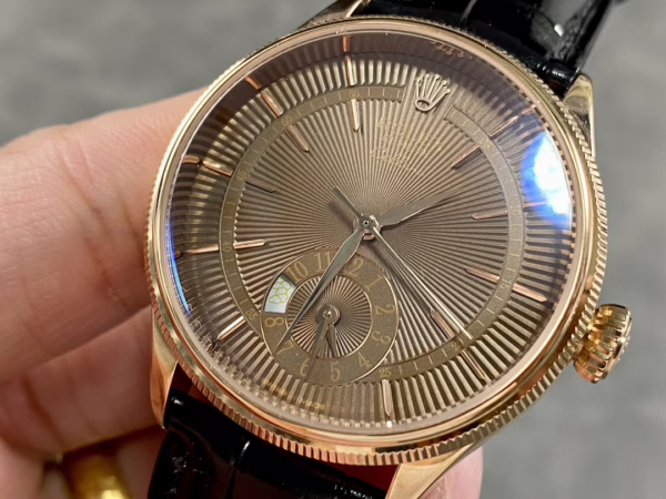 Rolex Cellini Dual Time 50525 Brown Guilloche Dial Black Leather Strap 39mm Mens Replica Watch - 图片 5
