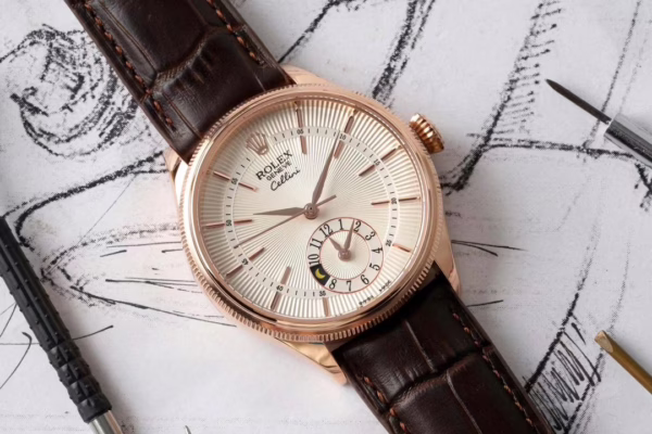 Rolex Cellini Dual Time 50525 Silver Dial Brown Leather Strap 39mm Mens Replica Watch - 图片 5