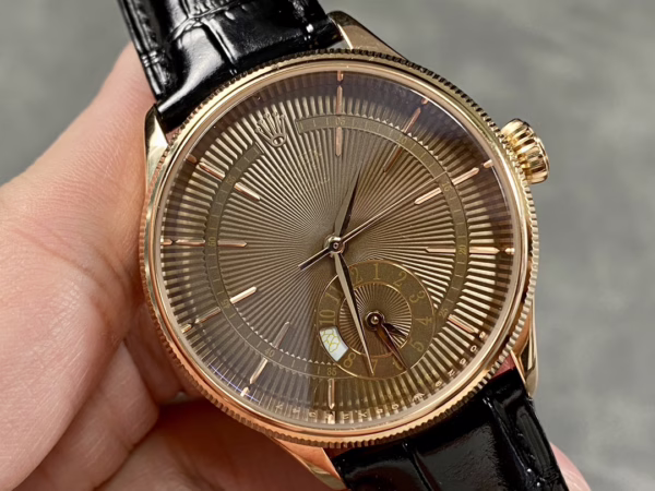 Rolex Cellini Dual Time 50525 Brown Guilloche Dial Black Leather Strap 39mm Mens Replica Watch - 图片 4